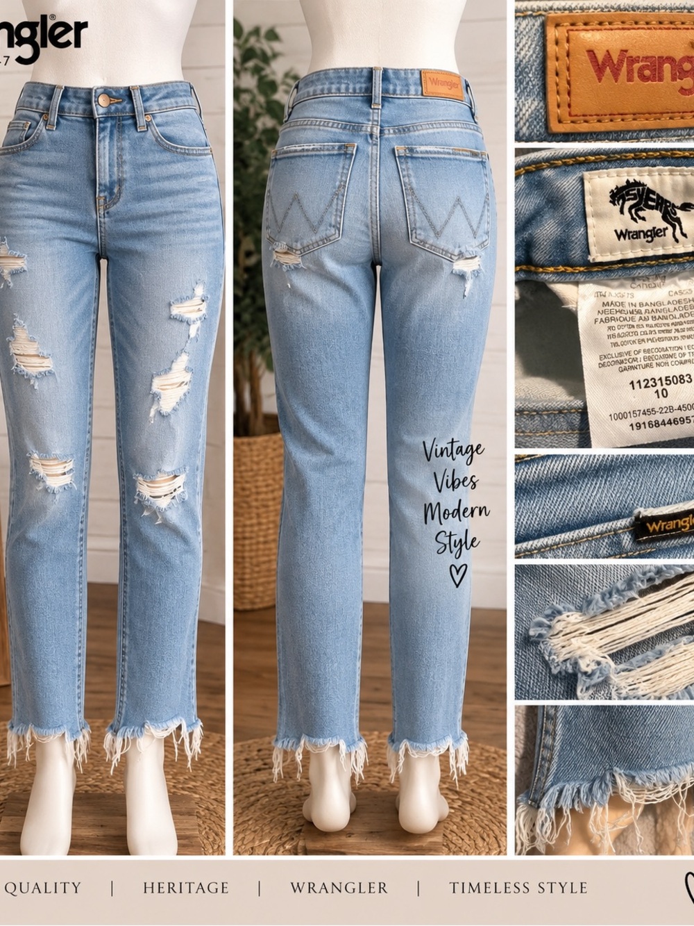 Wrangler Light Blue Distressed Straight Leg Jeans
